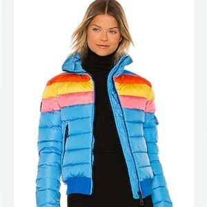 SAM. Starburst Women's Puffer Bomber Jacket NWOT Blue Rainbow Brite Ski